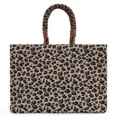 WG284-8119 Wrangler Leopard Print Oversized Tote Bag Braided Handles Weekender Bag - Brown