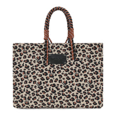 WG284-8119 Wrangler Leopard Print Oversized Tote Bag Braided Handles Weekender Bag - Brown