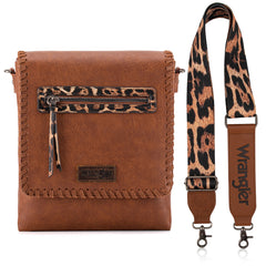 WG72-9360  Wrangler Whipstitch Leopard Print Crossbody - Dark Brown