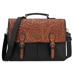 WG75-014  Wrangler Genuine Leather Western Vintage Tooled  Briefcase - Black