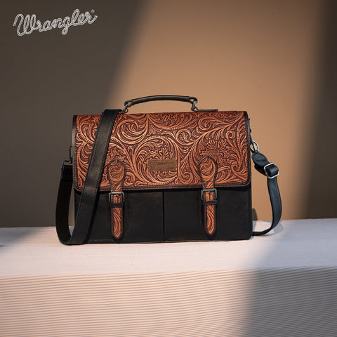 WG75-014  Wrangler Genuine Leather Western Vintage Tooled  Briefcase - Black