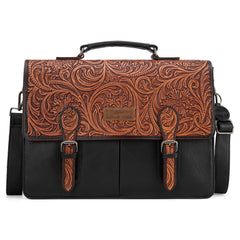 WG75-014  Wrangler Genuine Leather Western Vintage Tooled  Briefcase - Black