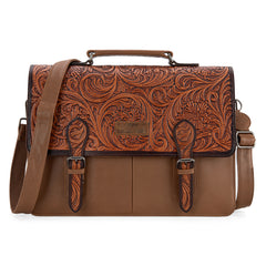 WG75-014  Wrangler Genuine Leather Western Vintage  Tooled  Briefcase - Brown