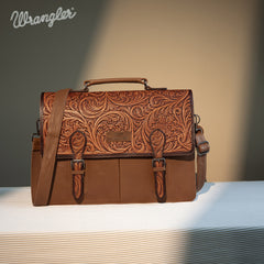 WG75-014  Wrangler Genuine Leather Western Vintage  Tooled  Briefcase - Brown