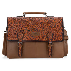 WG75-014  Wrangler Genuine Leather Western Vintage  Tooled  Briefcase - Brown