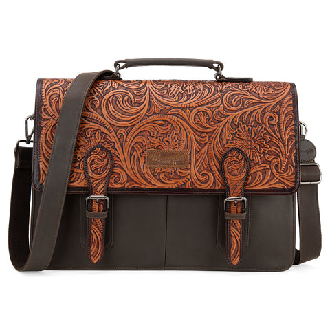 WG75-014  Wrangler Genuine Leather Western Vintage Tooled  Briefcase - Coffee