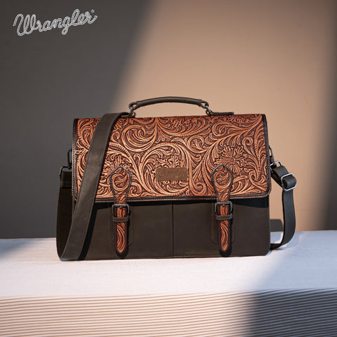 WG75-014  Wrangler Genuine Leather Western Vintage Tooled  Briefcase - Coffee