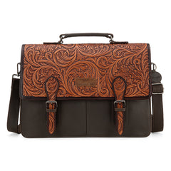 WG75-014  Wrangler Genuine Leather Western Vintage Tooled  Briefcase - Coffee