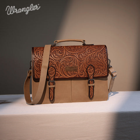 WG75-014  Wrangler Genuine Leather Western Vintage Tooled Briefcase - Tan