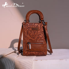 MW1311-1832 Montana West Floral Tooled North South Mini Tote/Crossbody