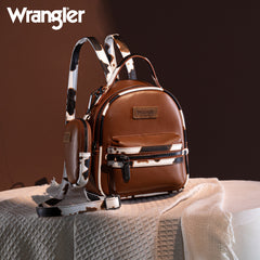 WG102-8600  Wrangler Cow Print  Trimmed Mini Backpack With Coin Pouch - Brown