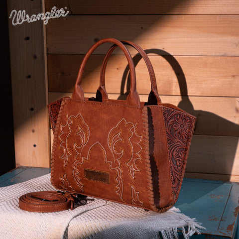 WG145-8300  Wrangler  Embroidered  Trapezoid Tote/Crossbody - Brown (Online Exclusive)