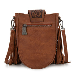 TR180-8360  Trinity Ranch Genuine Hair-On Cowhide Tooled Fringe  Crossbody Bag- Brown