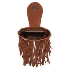 TR180-8360  Trinity Ranch Genuine Hair-On Cowhide Tooled Fringe  Crossbody Bag- Brown