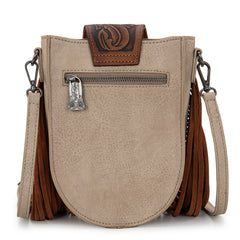 TR180-8360  Trinity Ranch Genuine Hair-On Cowhide Tooled Fringe  Crossbody Bag- Tan