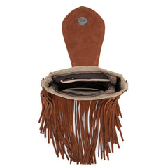 TR180-8360  Trinity Ranch Genuine Hair-On Cowhide Tooled Fringe  Crossbody Bag- Tan