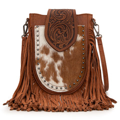 TR180-8360  Trinity Ranch Genuine Hair-On Cowhide Tooled Fringe  Crossbody Bag- Brown