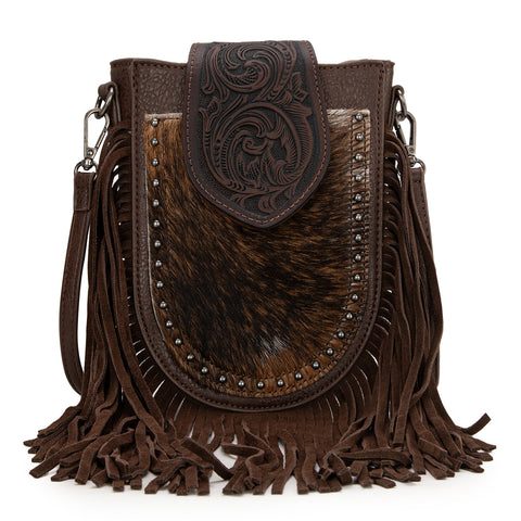 TR180-8360  Trinity Ranch Genuine Hair-On Cowhide Tooled Fringe  Crossbody Bag- Coffee