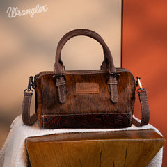 WG169-2025  Wrangler Genuine Hair-On Cowhide Barrel Bag/Crossbody -Coffee