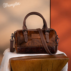 WG169-2025  Wrangler Genuine Hair-On Cowhide Barrel Bag/Crossbody -Coffee