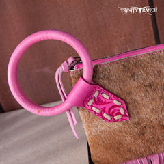 TR167-A181 Trinity Ranch Genuine Hair-On Cowhide Ring Handle Wristlet Clutch Bag - Pink