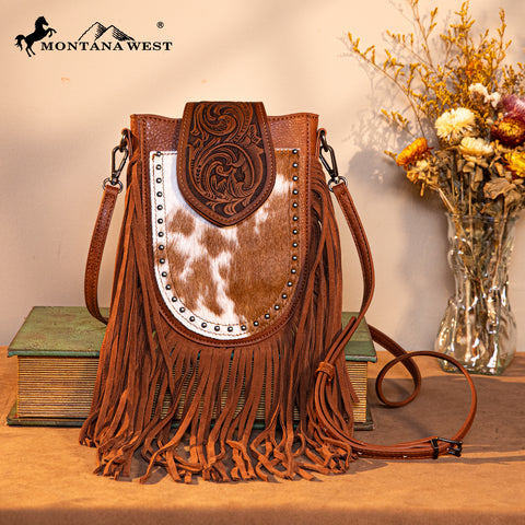 TR180-8360  Trinity Ranch Genuine Hair-On Cowhide Tooled Fringe  Crossbody Bag- Brown