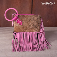 TR167-A181 Trinity Ranch Genuine Hair-On Cowhide Ring Handle Wristlet Clutch Bag - Pink