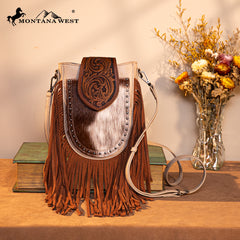 TR180-8360  Trinity Ranch Genuine Hair-On Cowhide Tooled Fringe  Crossbody Bag- Tan