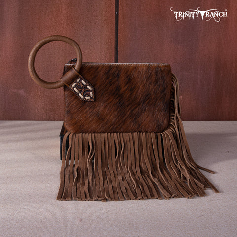 TR167-A181 Trinity Ranch Genuine Hair-On Cowhide Ring Handle Wristlet Clutch Bag - Brown