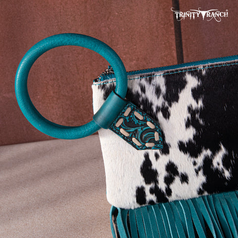 TR167-A181 Trinity Ranch Genuine Hair-On Cowhide Ring Handle Wristlet Clutch Bag - Turquoise