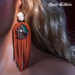 RCE-1135     Rustic Couture's  Indian Chief Headdress Suede  Tassels Hook Statement Earrings