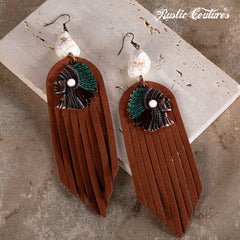 RCE-1135     Rustic Couture's  Indian Chief Headdress Suede  Tassels Hook Statement Earrings