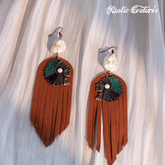 RCE-1135     Rustic Couture's  Indian Chief Headdress Suede  Tassels Hook Statement Earrings