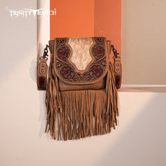 TR187-8360  Trinity Ranch Genuine Hair-On Cowhide Tooled Fringe  Crossbody Bag- Tan