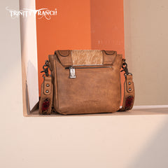 TR187-8360  Trinity Ranch Genuine Hair-On Cowhide Tooled Fringe  Crossbody Bag- Tan