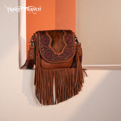 TR187-8360  Trinity Ranch Genuine Hair-On Cowhide Tooled Fringe  Crossbody Bag-Brown