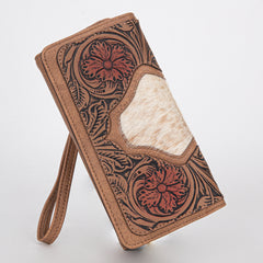 TR187-W002  Trinity Ranch Floral Tooled and Hair-On Cowhide Collection Wallet - Tan