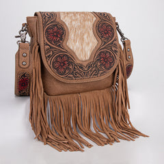 TR187-8360  Trinity Ranch Genuine Hair-On Cowhide Tooled Fringe  Crossbody Bag- Tan