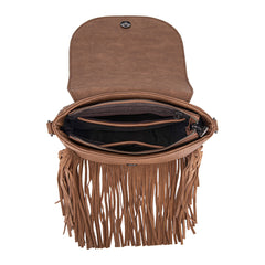 TR187-8360  Trinity Ranch Genuine Hair-On Cowhide Tooled Fringe  Crossbody Bag- Tan