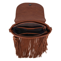 TR187-8360  Trinity Ranch Genuine Hair-On Cowhide Tooled Fringe  Crossbody Bag-Brown