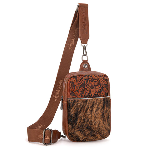 TR179-185 Trinity Ranch Genuine Hair-On Cowhide Tooled Sling Bag