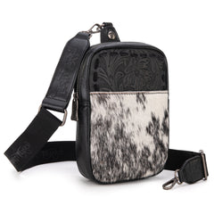 TR179-185 Trinity Ranch Genuine Hair-On Cowhide Tooled Sling Bag