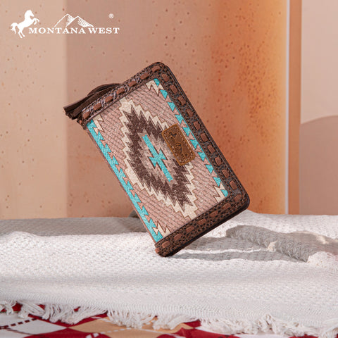 MW1316-W020  Montana West Tooled Aztec Denim Bi-Fold Wallet