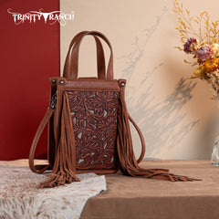 TR188-160   Trinity Ranch Floral Tooled Fringe Mini Tote/Crossbody