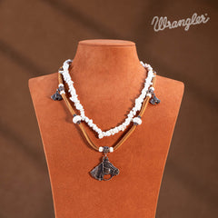 WNS-1050   Rustic Couture's  Boho Layered Leather Beaded Chips Necklace Horse Head Pendant Charms Earrings Set