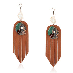 RCE-1135     Rustic Couture's  Indian Chief Headdress Suede  Tassels Hook Statement Earrings