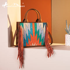 MW1290-8899   Montana West Aztec Print Fringe Concealed Carry Tote/Crossbody