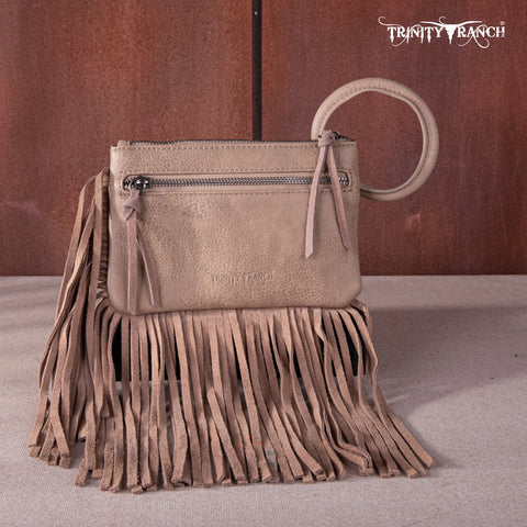 TR167-A181 Trinity Ranch Genuine Hair-On Cowhide Ring Handle Wristlet Clutch Bag - Tan