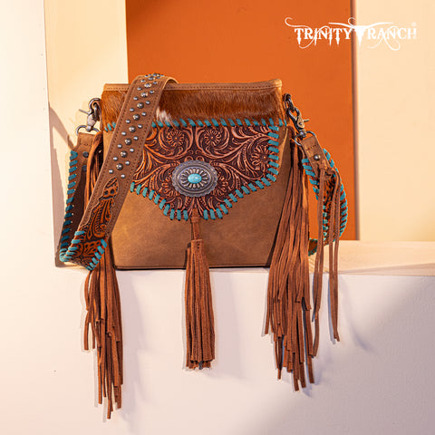 TR177G-9360  Trinity Ranch Hair-On Cowhide Floral Tooled  Concealed Carry Crossbody Bag - Brown