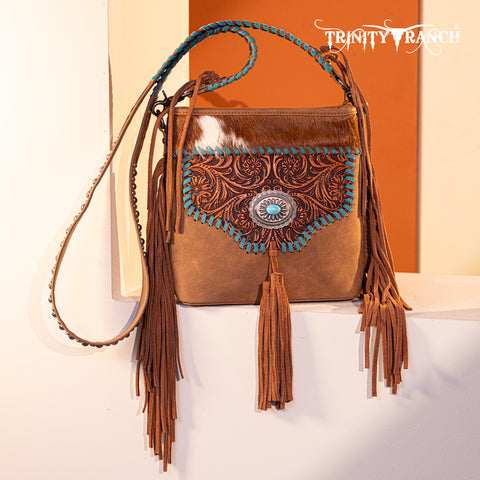 TR177G-9360  Trinity Ranch Hair-On Cowhide Floral Tooled  Concealed Carry Crossbody Bag - Brown